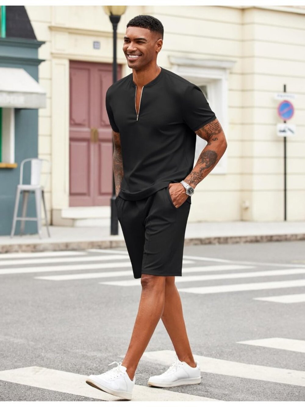 Coofandy Men's 01-black Polyester Shorts Zip Polo T Shirt 2 Pieces Tracksuit - Picture 2 of 6
